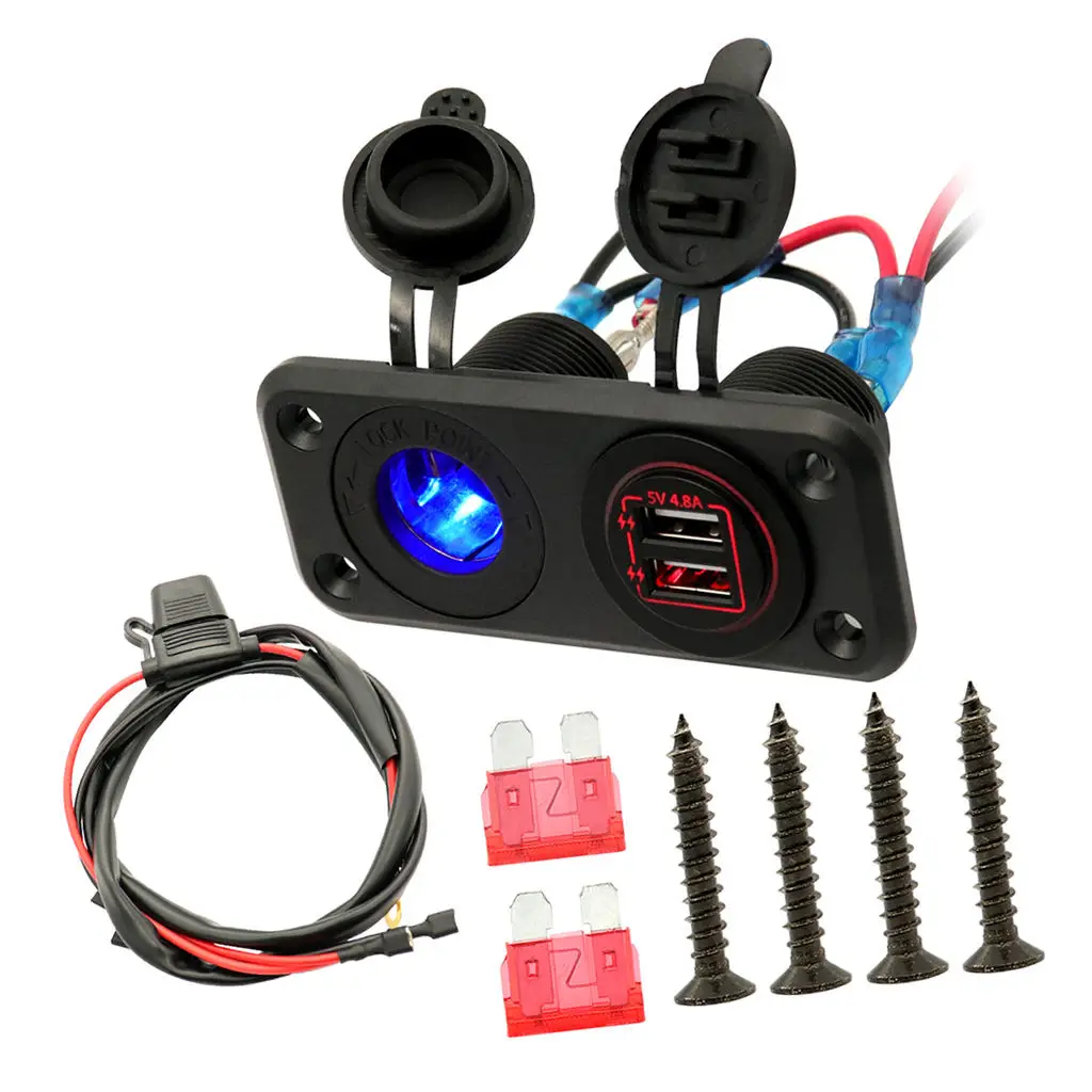 Car Motorcycle 12V-24V USB Charger Socket Panel for Boat / Marine / Mobile Phones, Red LED Lights