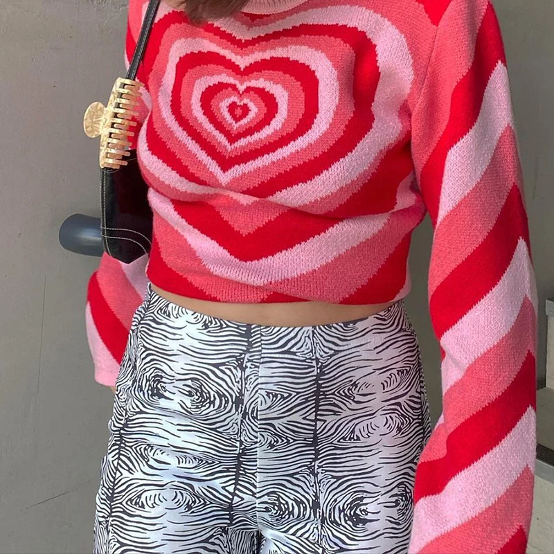 cropped cardigan woman sweaters Harajuku 90s Knitwear Autumn Y2K Aesthetics Heart Striped Turtleneck Pullovers E-girl Sweet Long Sleeve red sweater