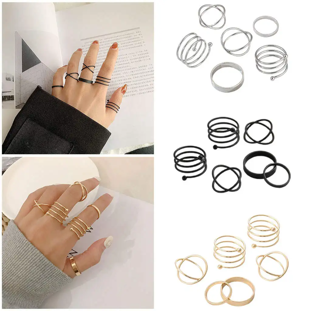 6Pcs Stackable Punk Finger Rings Geometric Vintage Minimalist Metal Joint Knuckle Rings Set for Girls Women Teens MIDI Rings Set