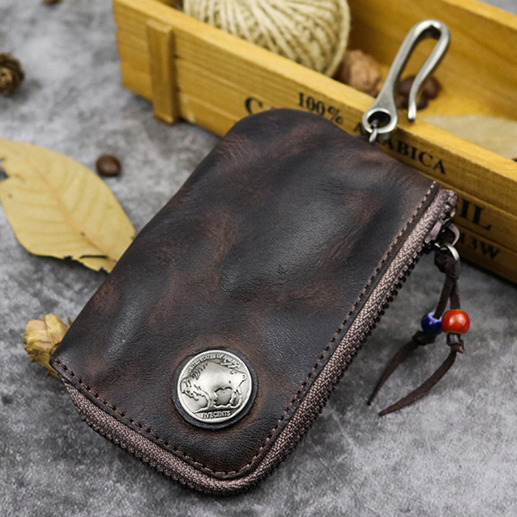 Original Leder Schlüsselmappe für Herren, kurz, Vintage, handgefertigt, Reißverschluss, Autoschlüsselhalter, Münzgeldbörse, Kartenetui, Tasche, Organizer, Haushälterin – Detail 13
