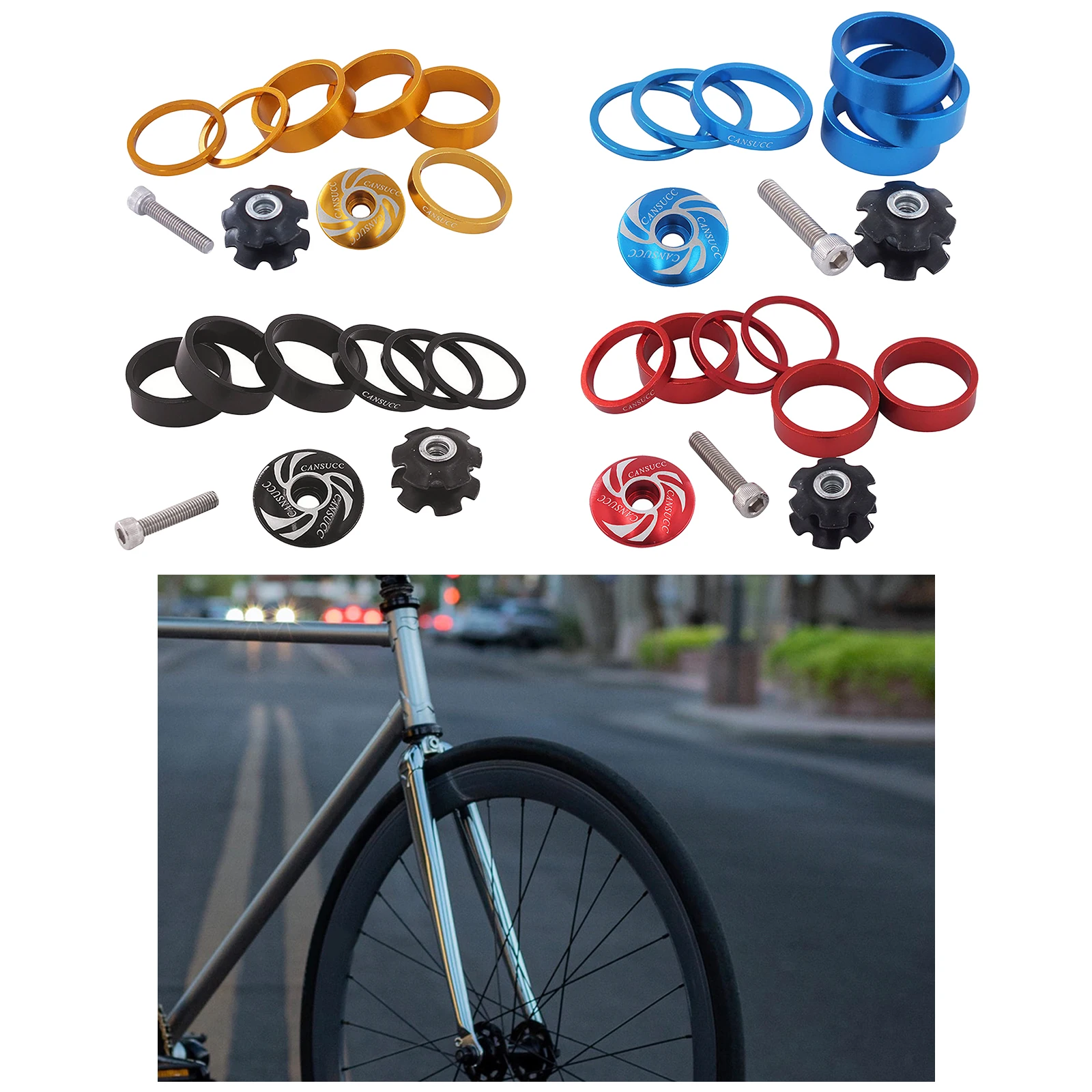 Bike Headset Spacer and Headset Top Cap Aluminum Alloy Headset Star Nut Stem Cap Fit 1-1/8