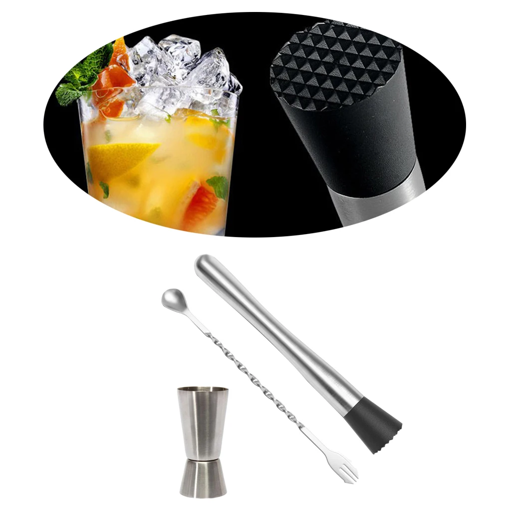 Stainless Cocktails Muddler Measure Cup Jigger Mixing Spoon Bar Wine Tools