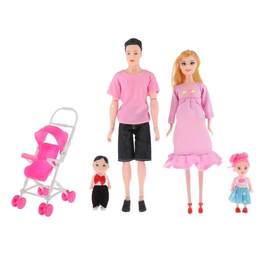 Family Doll Set Dad Pregnant Mom Daughter Son Baby Baby Doll Stroller Accessories for Girls Toys Pink