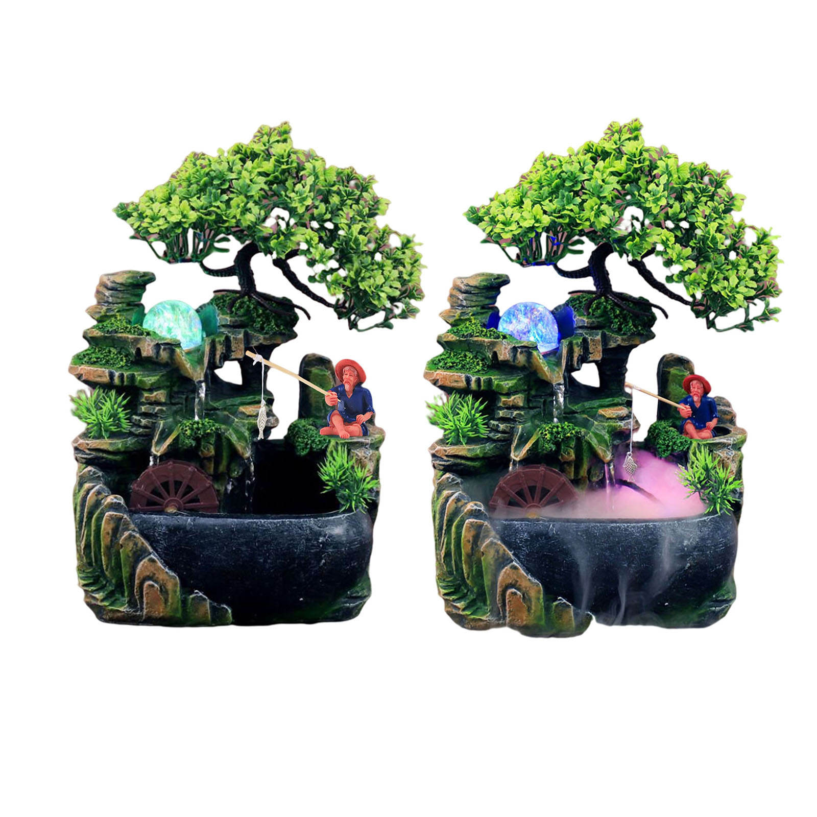 Indoor Tabletop Waterfall Fountain with Pump Rockery Fisherman Bonsai Statue Flowing Water Fountains Home Ornament