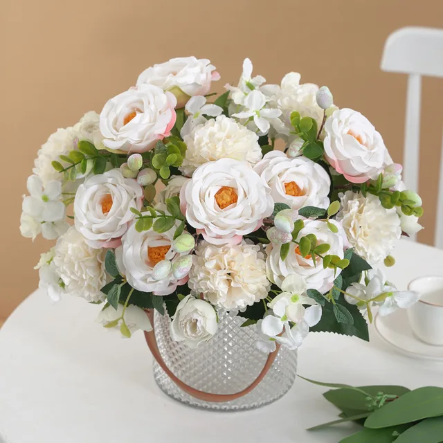 Artificial Flowers 32.5cm Pink and White Rose Single Bouquet Romantic  Dressing Table Decoration White Home Porch Decoration