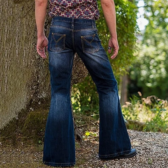TOYFUNNY Mens Vintage Punk Full Length Light Wash Bootcut Jeans Pocket Flare  Pants 