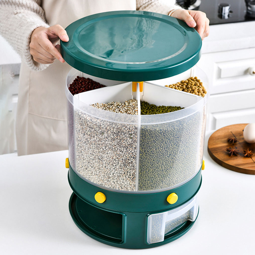 Kitchen Rice Dispenser Dry Grain Storage Container Box Case 6-Grid Rotating