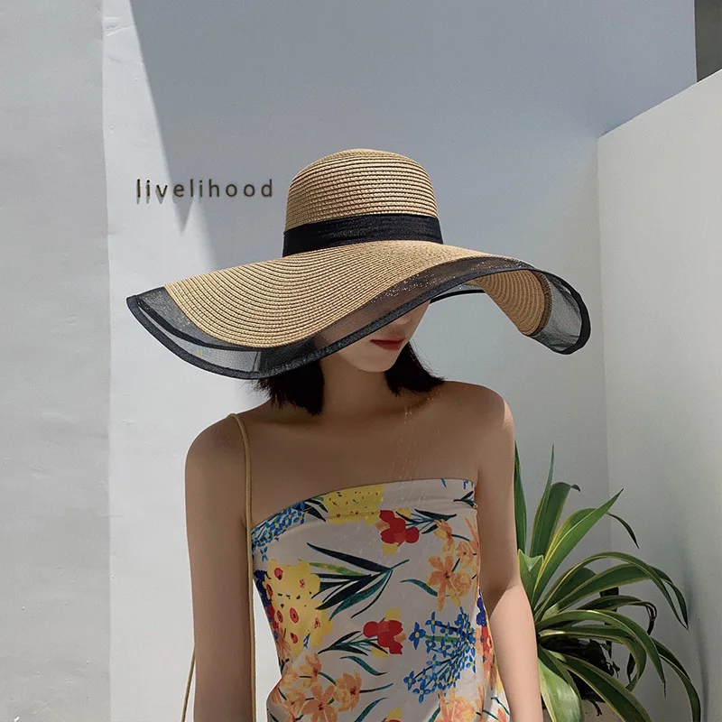 straw bucket hat Big-brimmed Straw Hat Women's Seaside Outing Beach Hat Summer New Style Mesh Side Large-brimmed Sun Hat Ladies Sun Hat designer bucket hat womens