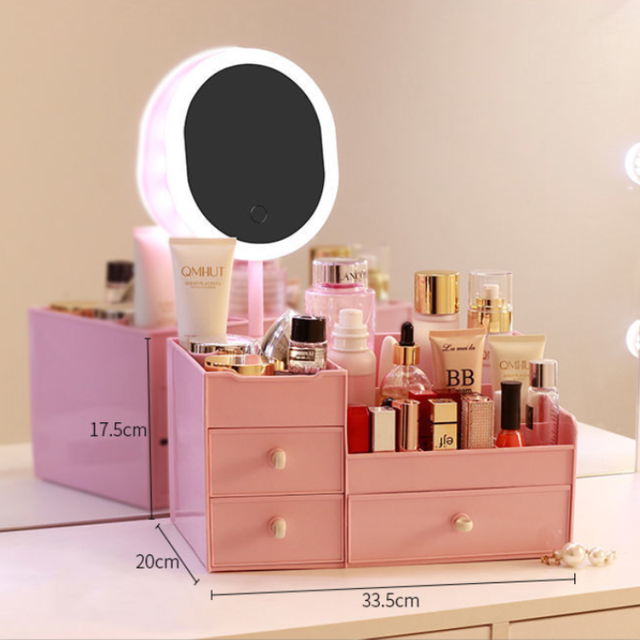  JUNLILIN Caja de almacenamiento de maquillaje con espejo LED,  organizador de maquillaje, baño, mujer, cajón de gran capacidad, caja de  almacenamiento de maquillaje, esmalte de uñas, cuidado de la piel 