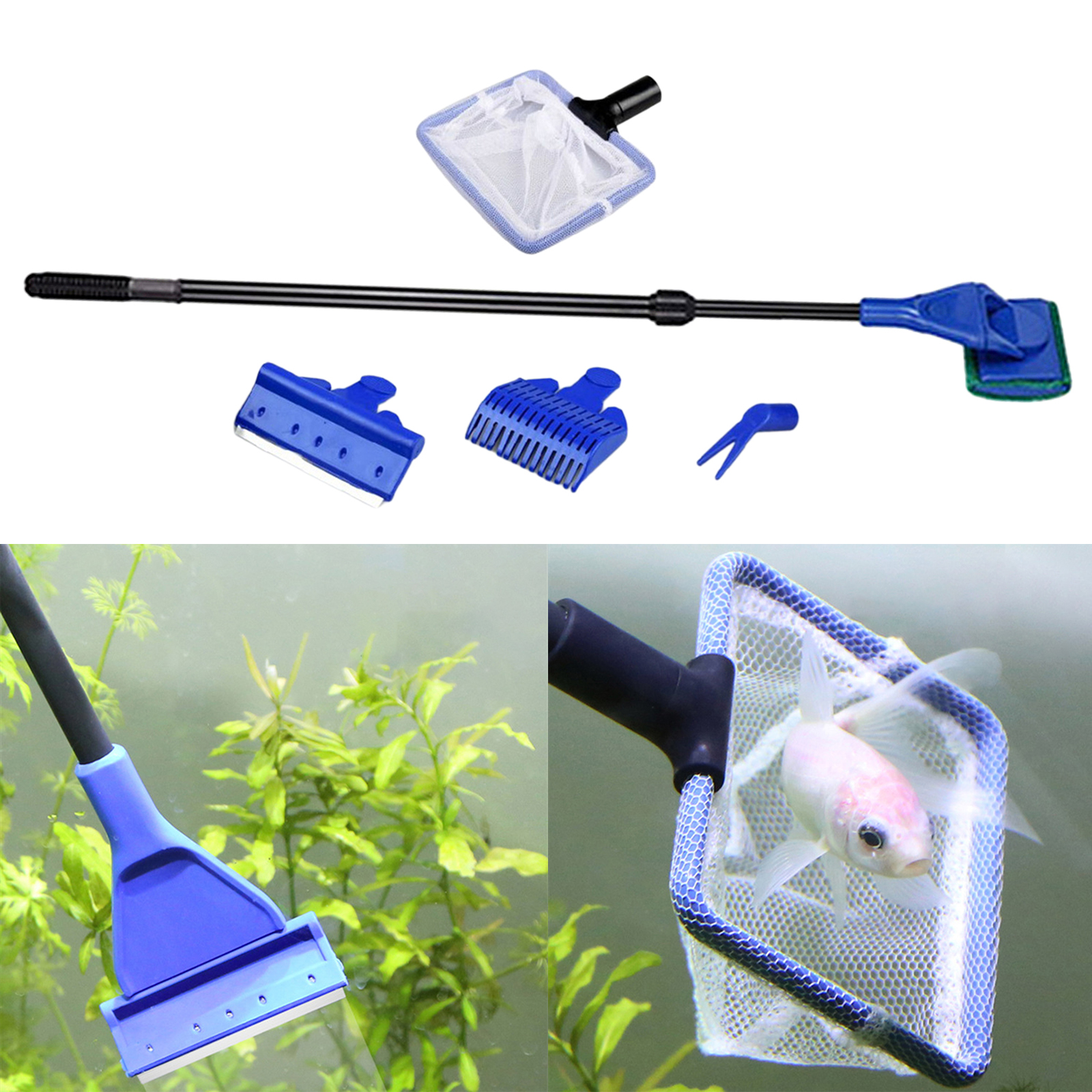 5 in 1 Aquarium Fish Tank Cleaning Kit Multiple Cleaner(Non Slip Handle) Fish Net + Scraper + Rake + Fork + Sponge