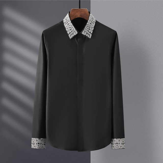 Chinese Style Embroidery Men's Shirt Cotton Long Sleeve Slim Fit Casual  Shirt Business Social Formal Dress Shirts Men Clothing