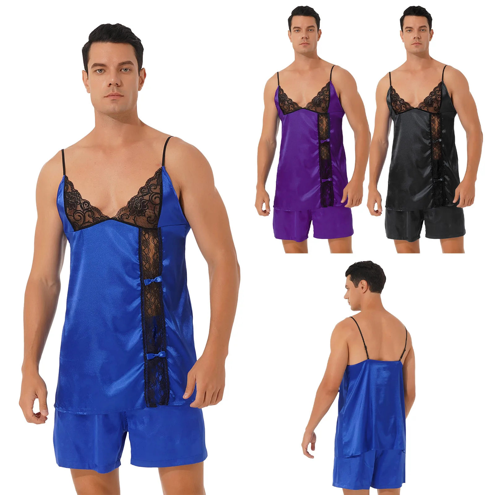 Mens Erotic Sissy Nightwear Lace Lingerie Set Straps Deep V Neck Top with Shorts Sexy Underwear Sets mens silk pajama set
