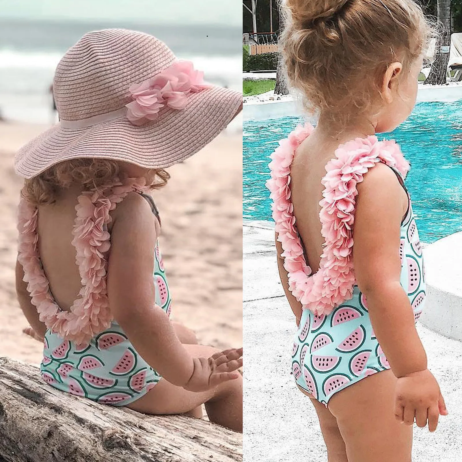 Yunfanda Baby Girls One Piece Swimsuit Ruffle Bikini Toddler Kids Swimwear Beachwear Bathing Suit Headband 