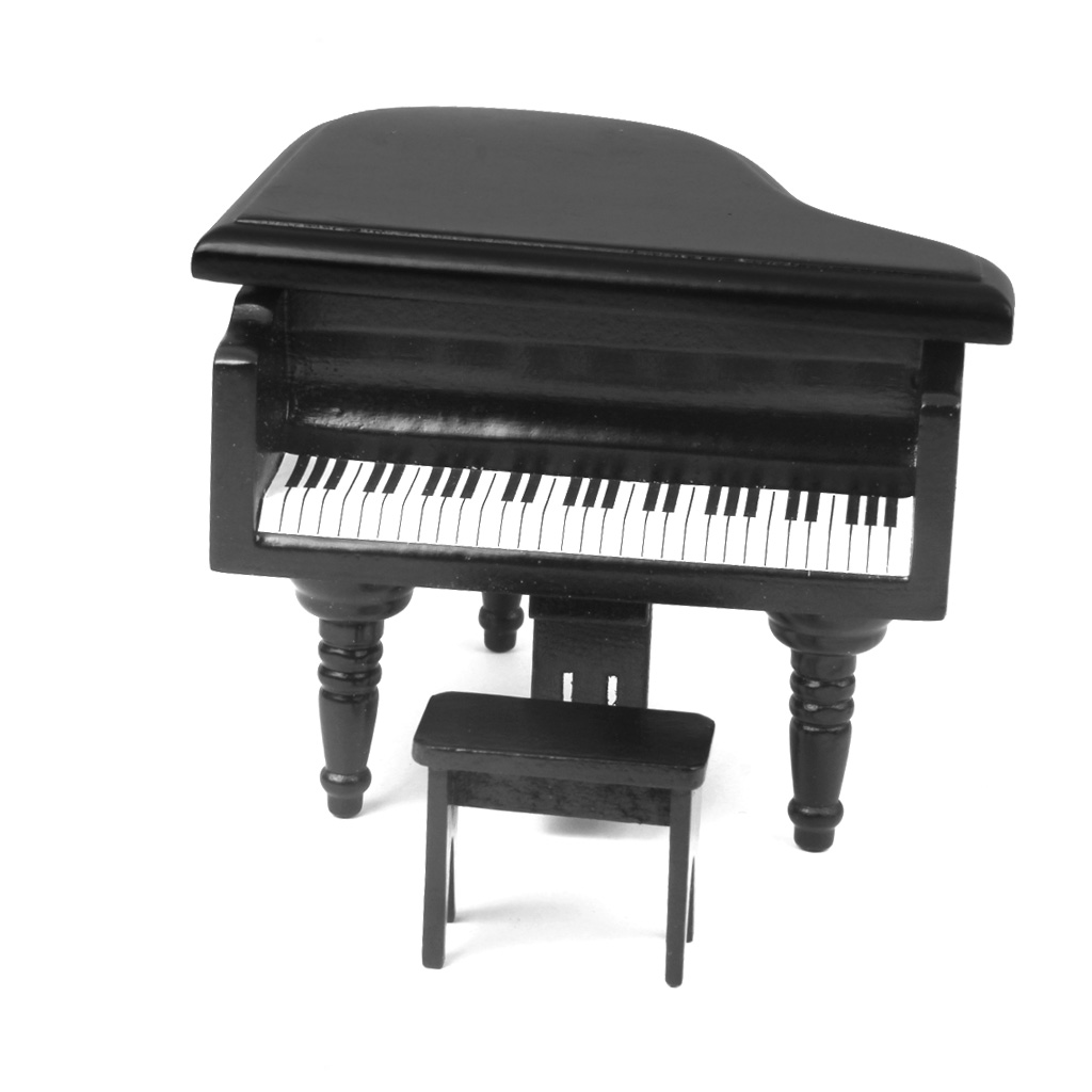 12th Dolls House Mini Wooden Piano with Chair Room Garden Decoration Accessory