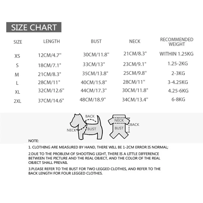 Una tabla de tallas de ropa para mascotas, específicamente para perros. Enumera varias tallas junto con sus correspondientes medidas de largo, busto, cuello y peso recomendado. Los tamaños van desde XS a 2XL, y la tabla incluye ilustraciones de la espalda y el cuello de un perro para ayudar con la medición.