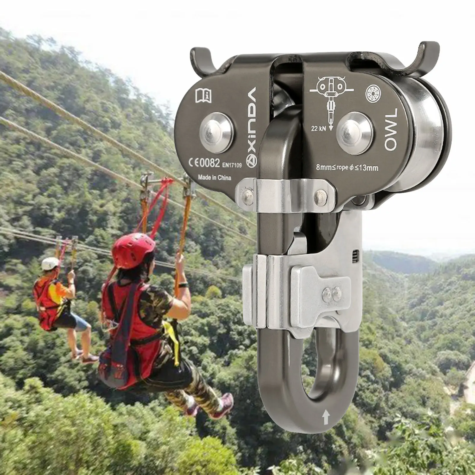 22KN Rock Climbing Zip Line Cable Speed Dual Pulley for Hauling Trucking Climbing Rigging Tensioning Outdoor Trips