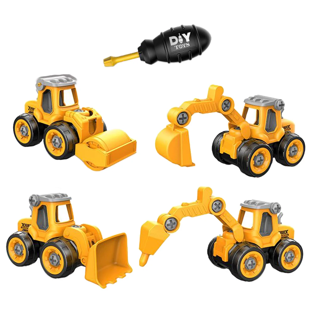 4x Take Apart Toys Pull Back Cars Bulldozer with Electric Drill Toys Gifts