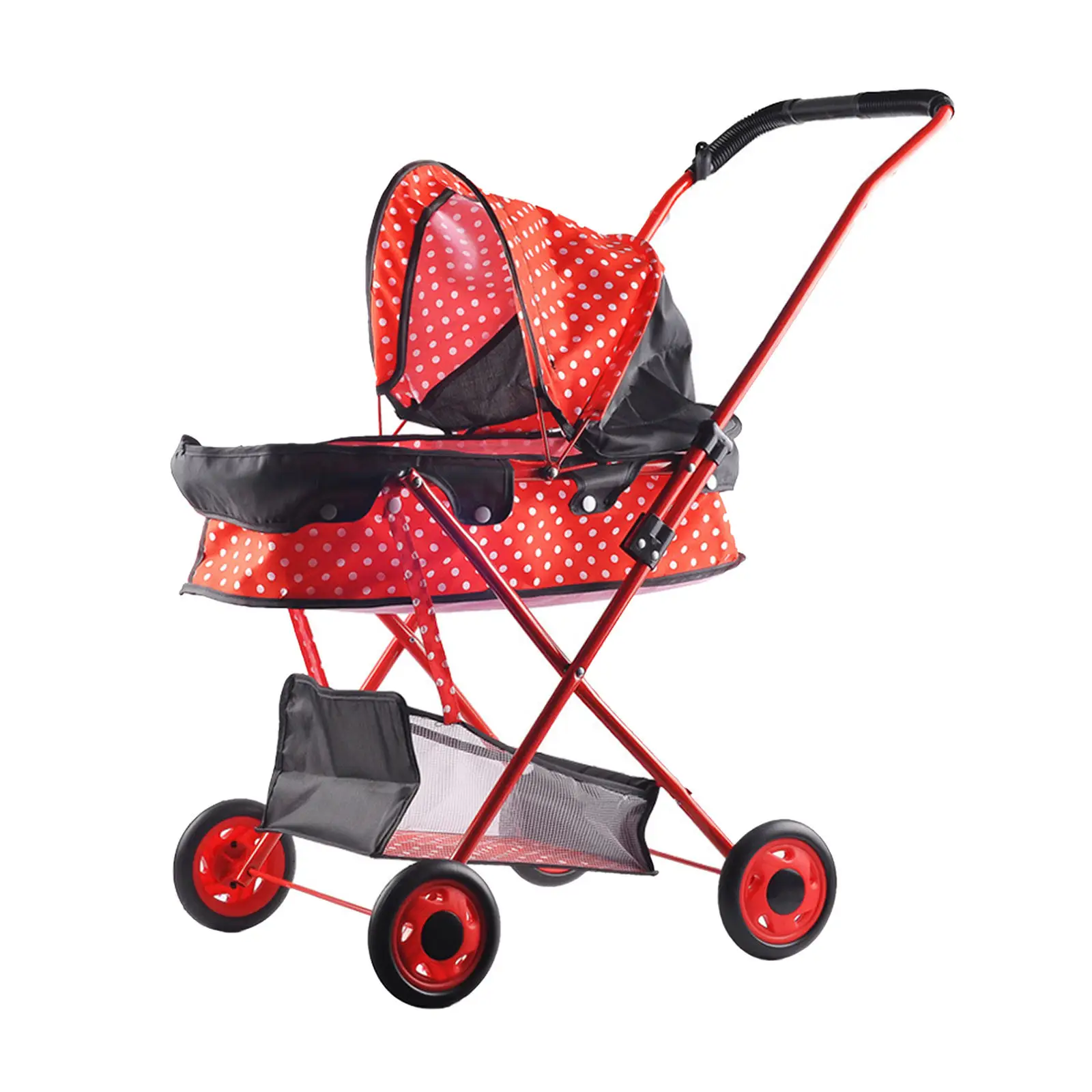 Dots Foldable Doll Stroller with Hood Pram Doll Carrier Kids Pretend Play Simulation Pushchair Toy Dollhouse Decoration
