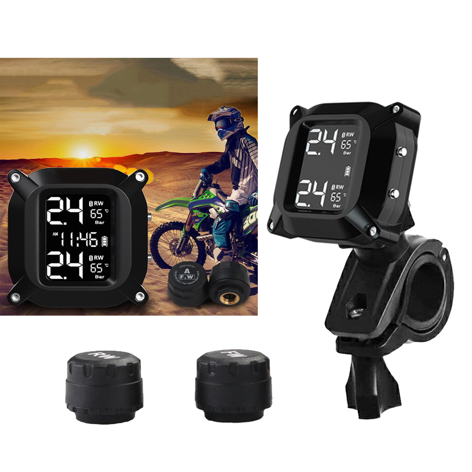 Tire Pressure Monitoring System Large LCD with 2 Tmps Sensor Waterproof Tire Position Exchange for Motorcycle RV Trailer