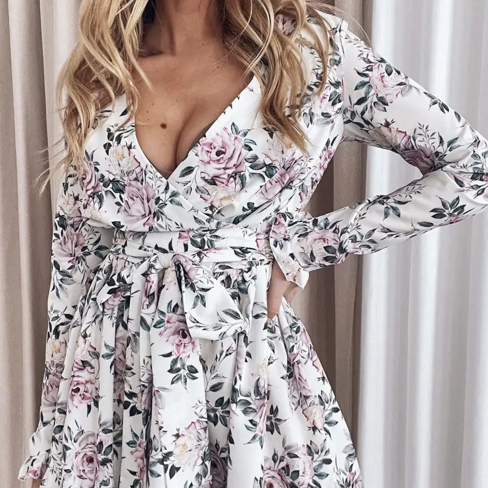 Floral ruffle dress women long sleeve frill neck sexy party beach dress backless ladies dress new boho dress 2021 lace bathing suit cover up