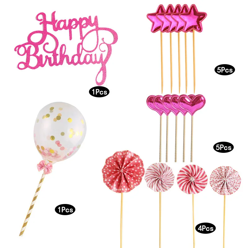 16pcs Cake Decorations Balloons Fans Stars Hearts Happy 