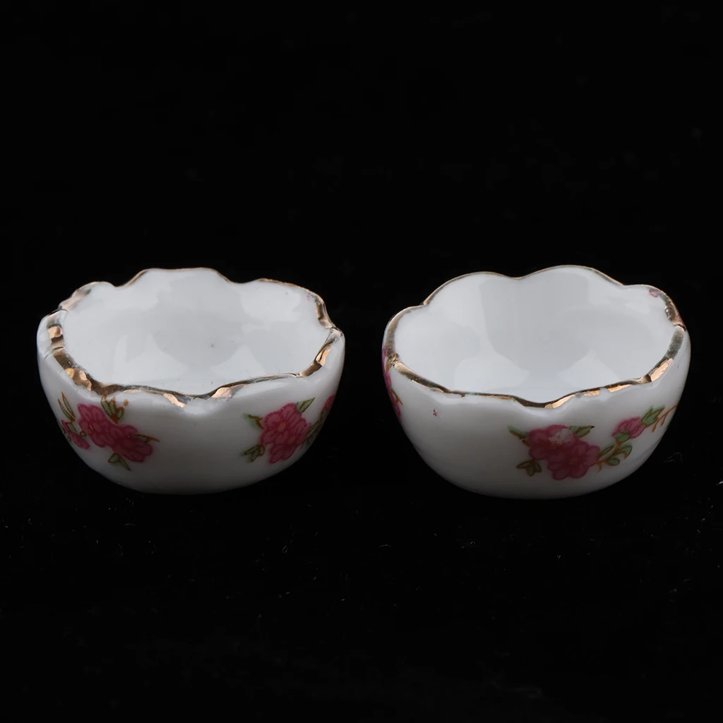 2 Pieces 1/12 Dollhouse Miniature Floral Ceramic Bowl Fruit Dishes Dinnerware Accessories