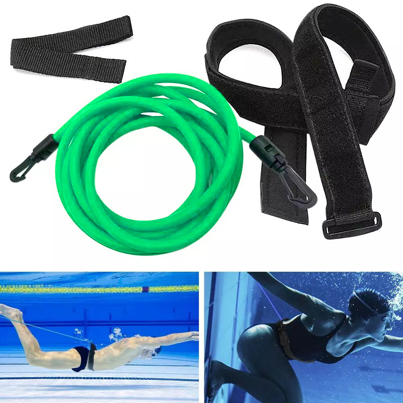 Swimming Resistance Belt Bungee Cord Silicone Swim Trainer Tether Pool Leash