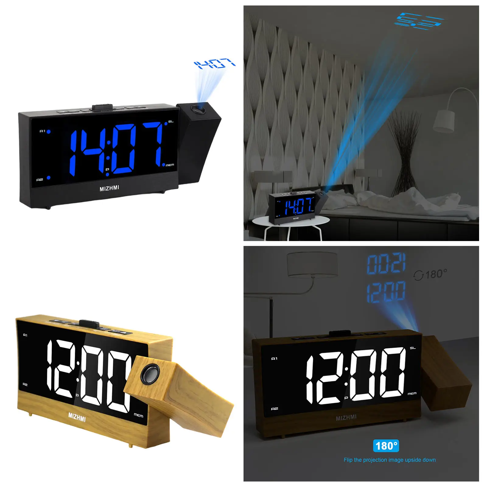 LED Alarm Clock Radio Timed Off Projection Dual Alarms Home Desktop FM Radio