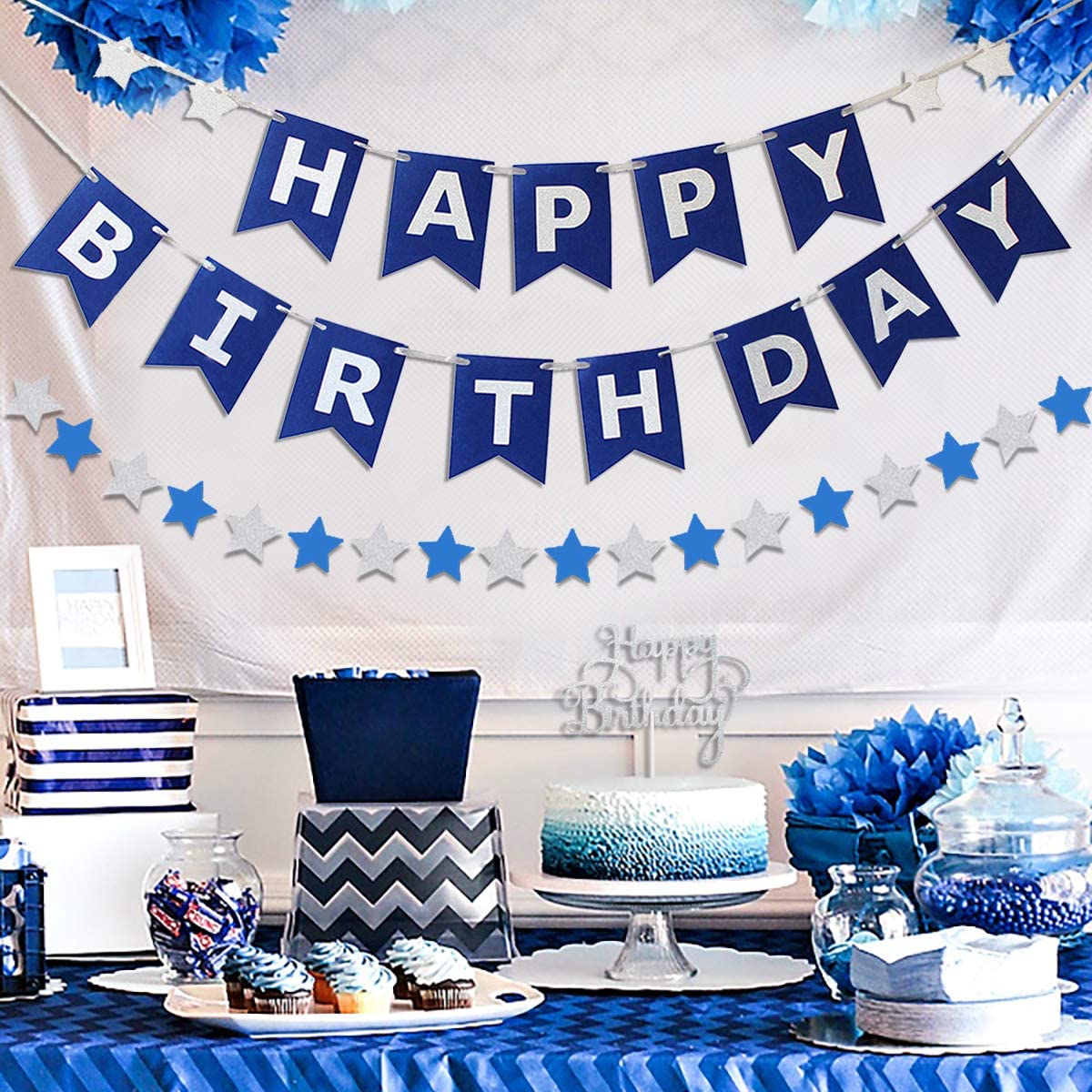 Decorations D Anniversaire Ballons Bleu Marine Et Argent Pour Hommes Et Garcons Avec Banniere Joyeux Anniversaire Garniture De Gateau Rideau De Guirlandes Aliexpress