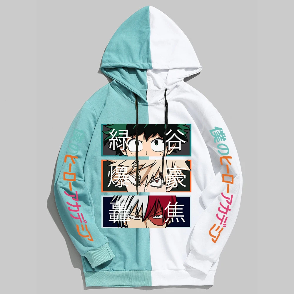 Anime My Hero Academia Hoodies Cool Shoto Todoroki Bakugou Deku Pullover Hooded Sweatshirt Patchwork Men's Long Sleeve Tops