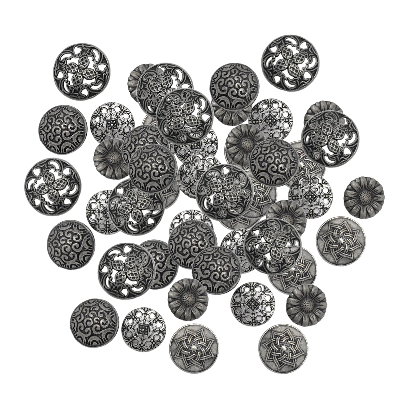 50 Pieces Round Mixed Antique Silver Vintage Metal Buttons Flower Decorative for DIY Crafts Sewing Crochet Decor Knitting