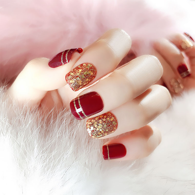 Falsas com Glitter Curto Vinho Vermelho Prego Arte Unhas Dourado Champanhe Casamento Unha Ponta Completa Hjl2022 24 Pçs 7 Beleza e saúde