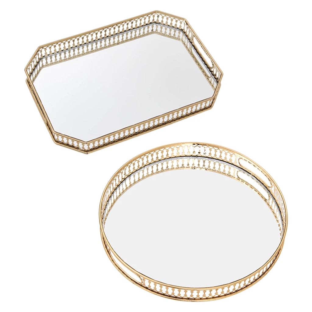 Mirrored Glass Metal Vanity Tray, Ornate Decorative Tray for Perfume Jewelry Makeup Plate