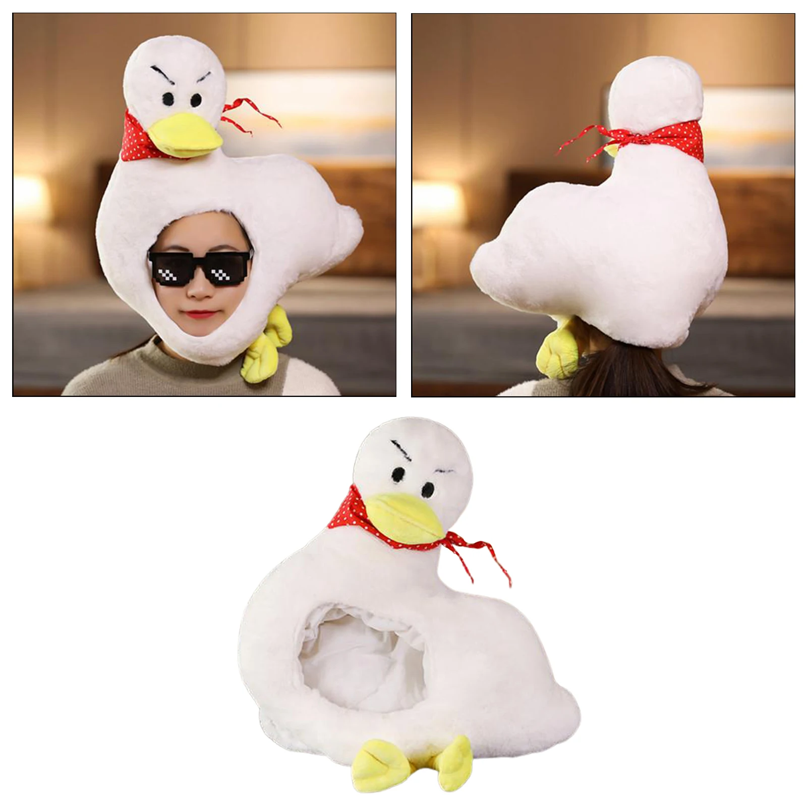 Fun Cute Warm Plush Duck Hat Head Cover Roleplaying Headwear Cap Beanie Hat with Fleece Lining Halloween Costume