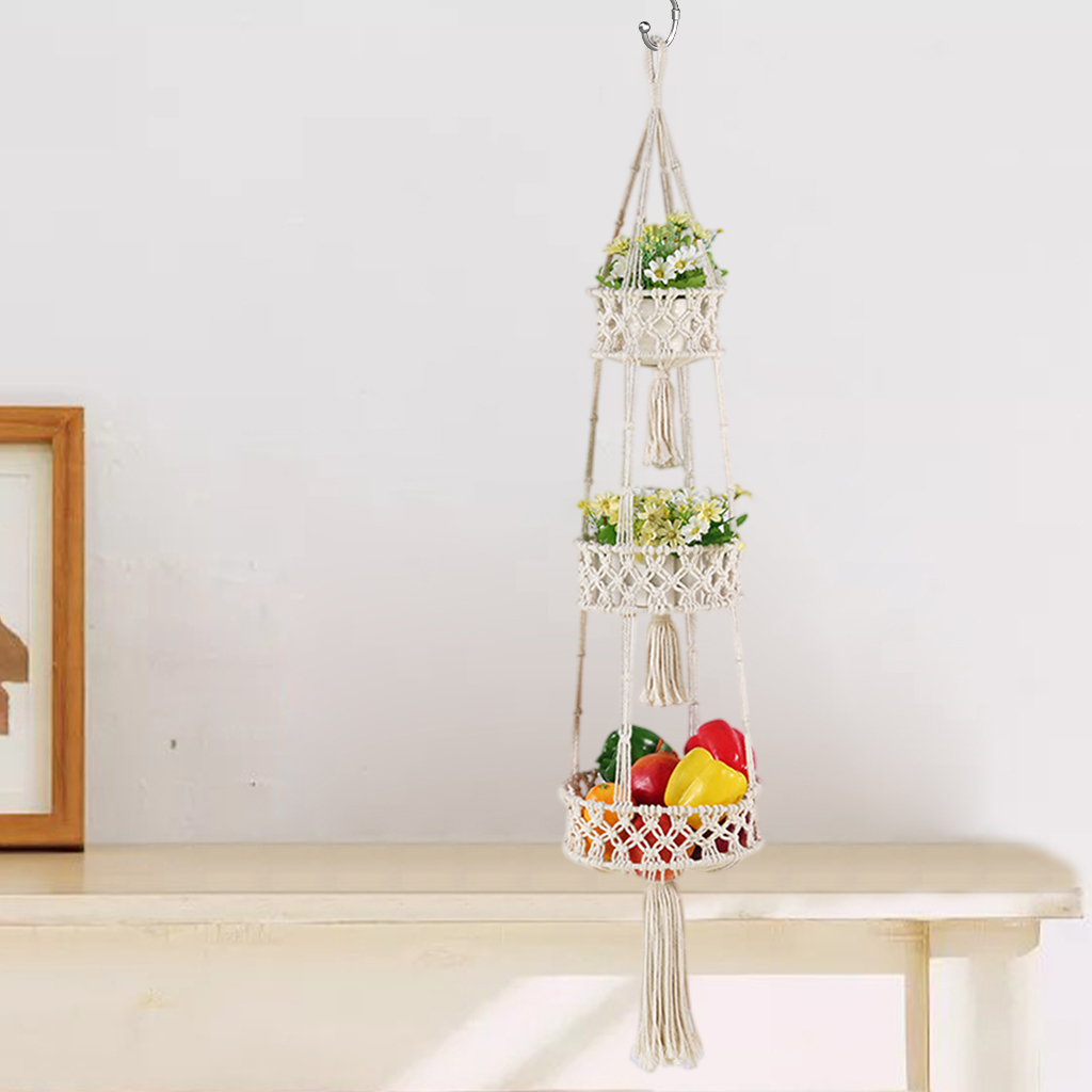 3 Tier Macrame Hanging Basket for Fruit and Vegetable Storage Kitchen Wall Baskets for Organizing Boho Decor for Plants