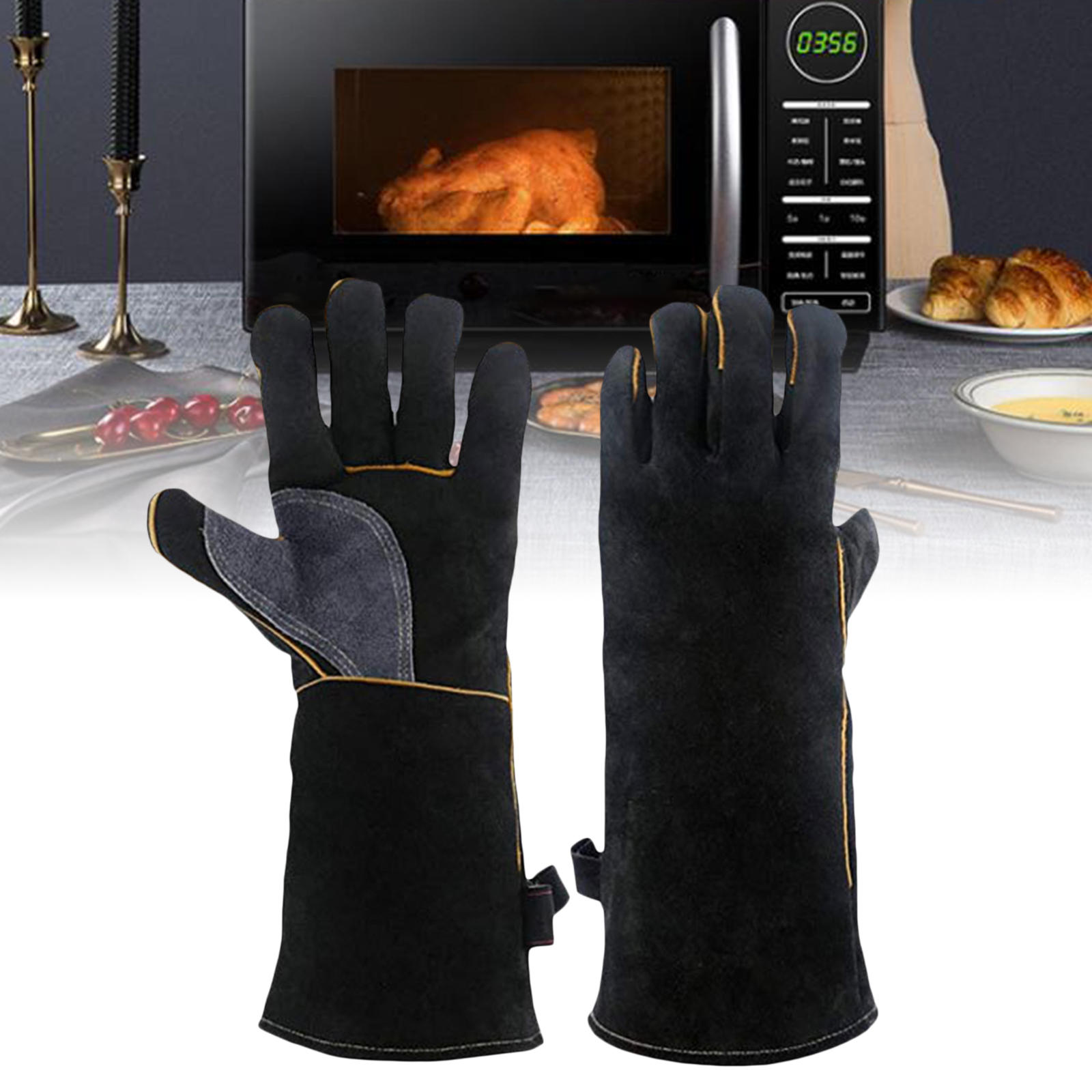 Heat Resistant BBQ Gloves 16 inch with Stitching Leather Oven Mitts for Baking Cooking Kitchen Furnace Fireplace