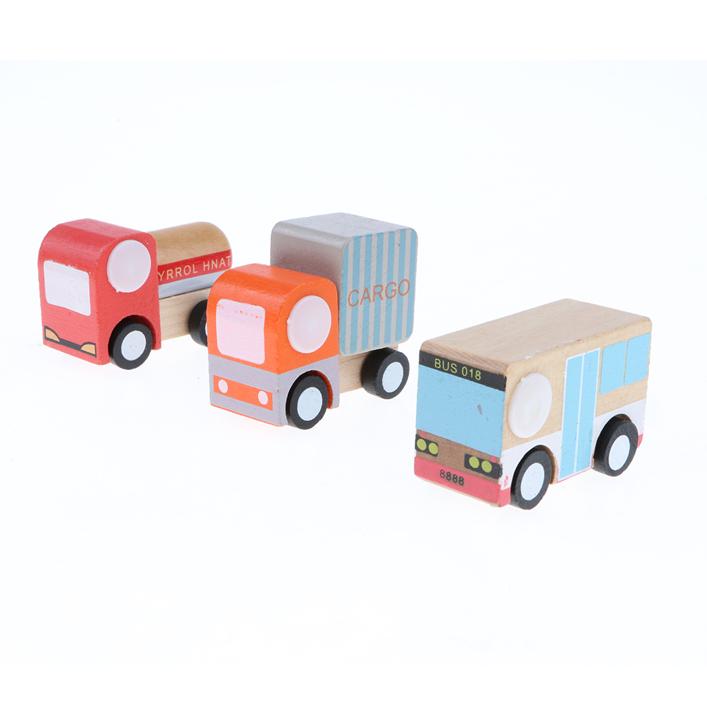 Wooden Urban Vehicle Set for Children - 12 Pieces, Truck, Bus, School Bus,