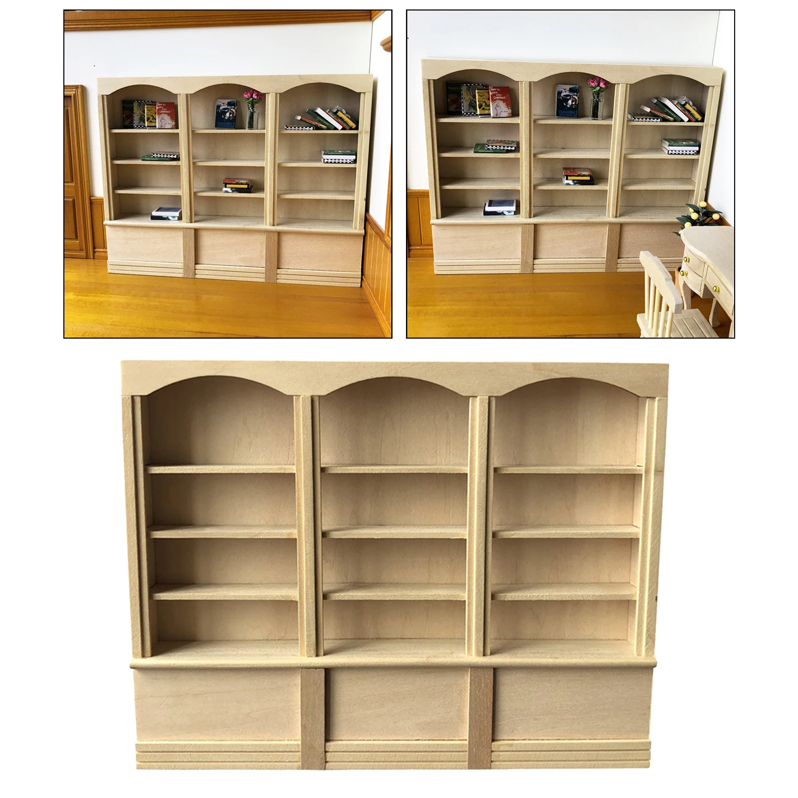 Wood Unfinished 1/12 Scale Dollhouse Bookshelf  Organizer 4 Layers