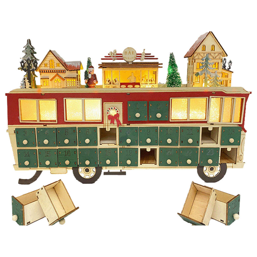 Wood Advent Calendar Children Toy Battery Operated DIY Bus Shape Light up 24 Drawers Christmas Holiday Decoration