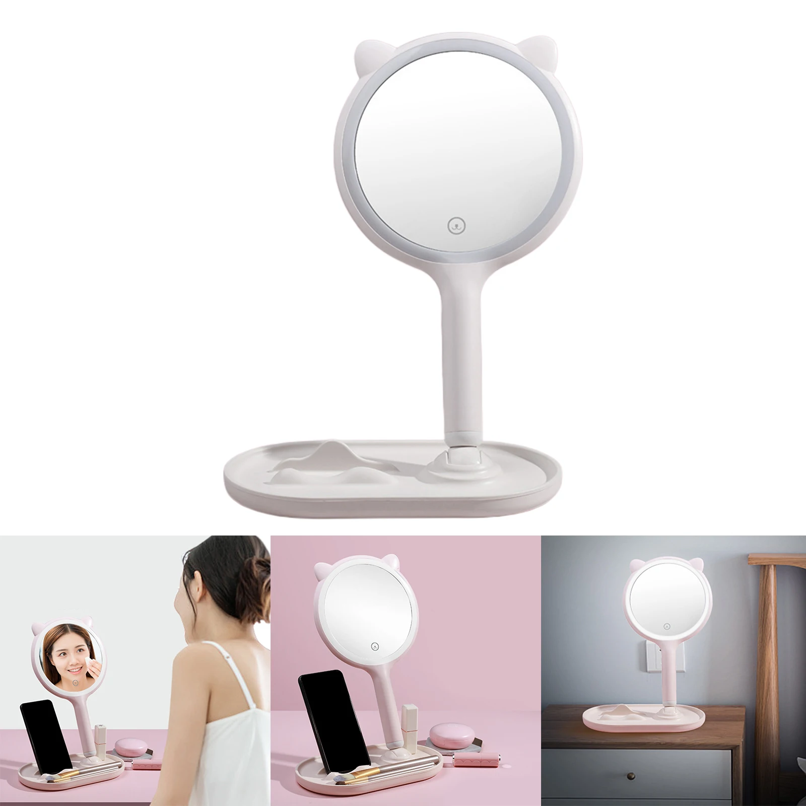 Cute LED Makeup Mirror Handheld Double-Side Dimmable Touch Sensor for Vanity