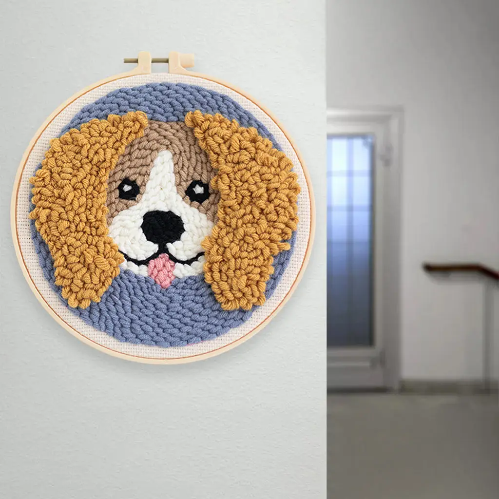 Punch Needle Embroidery Dog Pattern Kit Threader Fabric Embroidery Hoop Yarn Rug Punch Needle Kits for Adults Kids Beginner