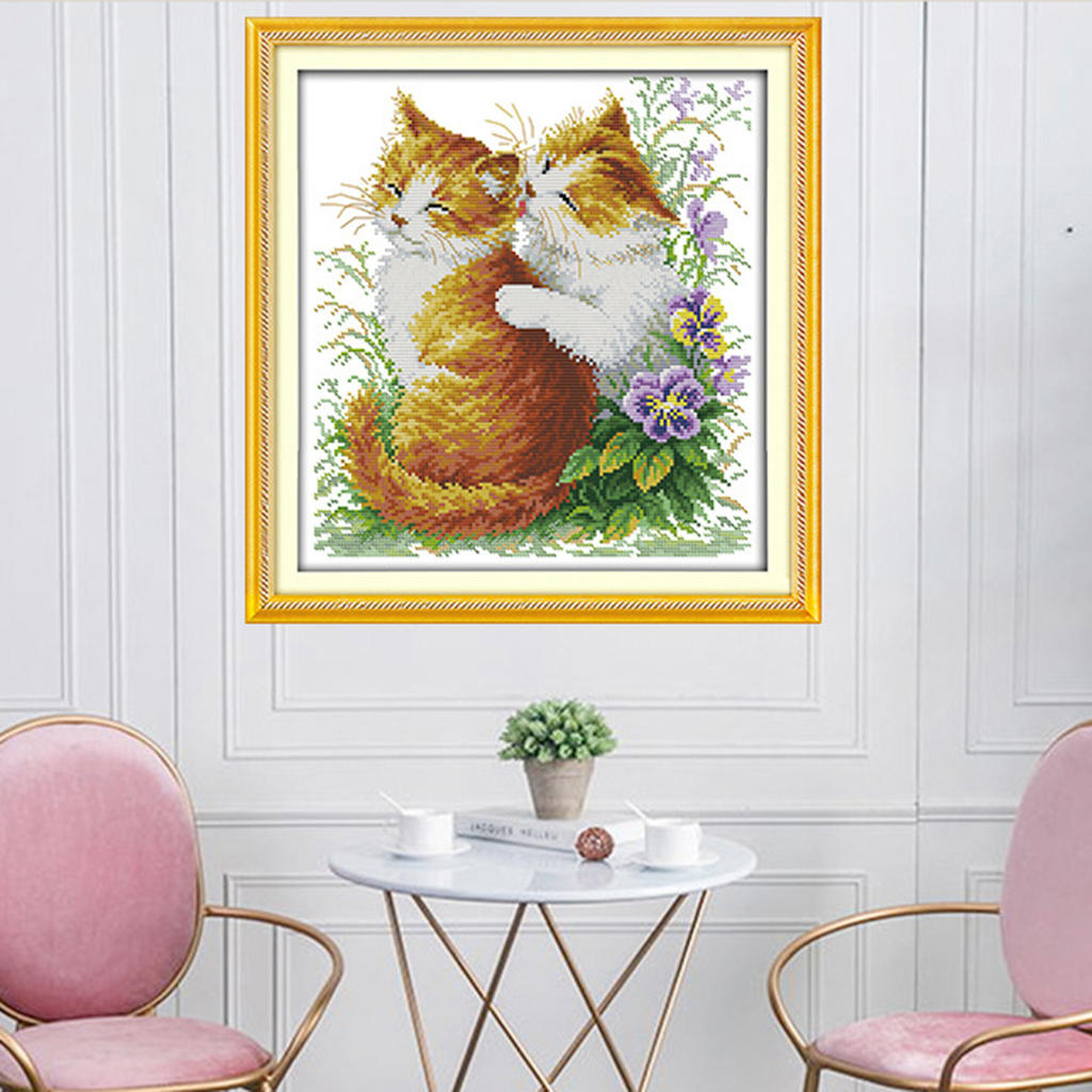 Stamped Cross Stitch Kits With Printed Pattern - Kissing Cats, for Embroidery Art Cross-Stitching Lover