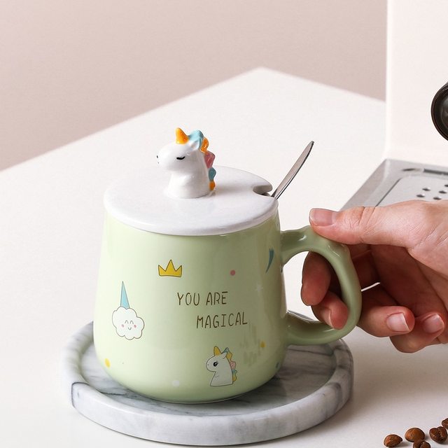 Rainbow Unicorn Ceramic Mug with Lid and Steel Spoon