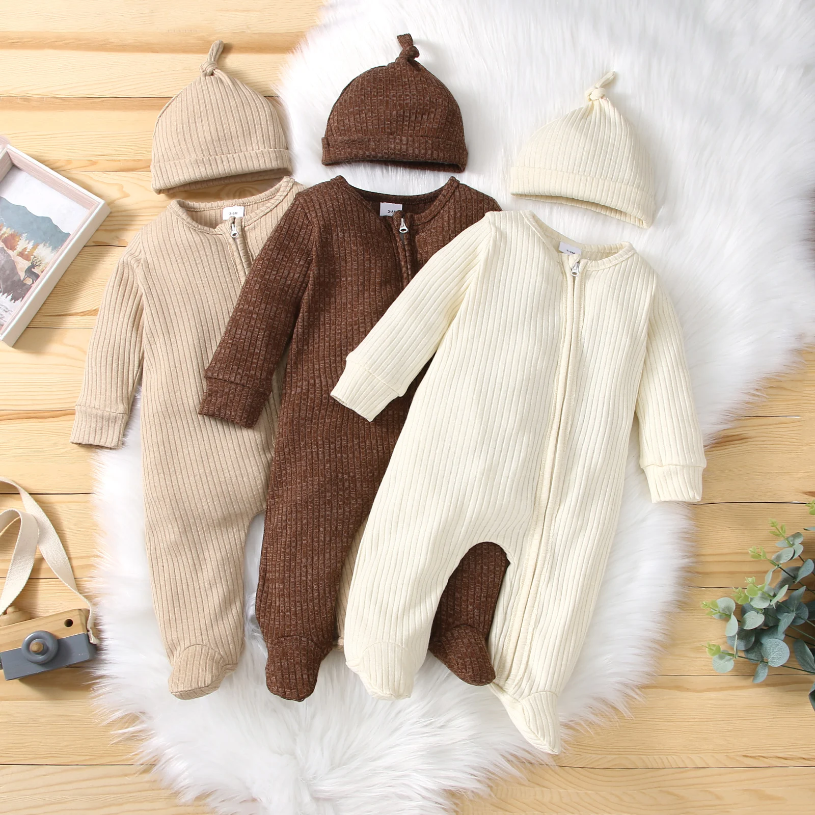 2021 0-24M Infant Baby Girl Boy Jumpsuit Autumn Casual Solid Color V Neck Zipper Long Sleeve Knitted Wrapped Romper+Hat 2pcs Cotton baby suit
