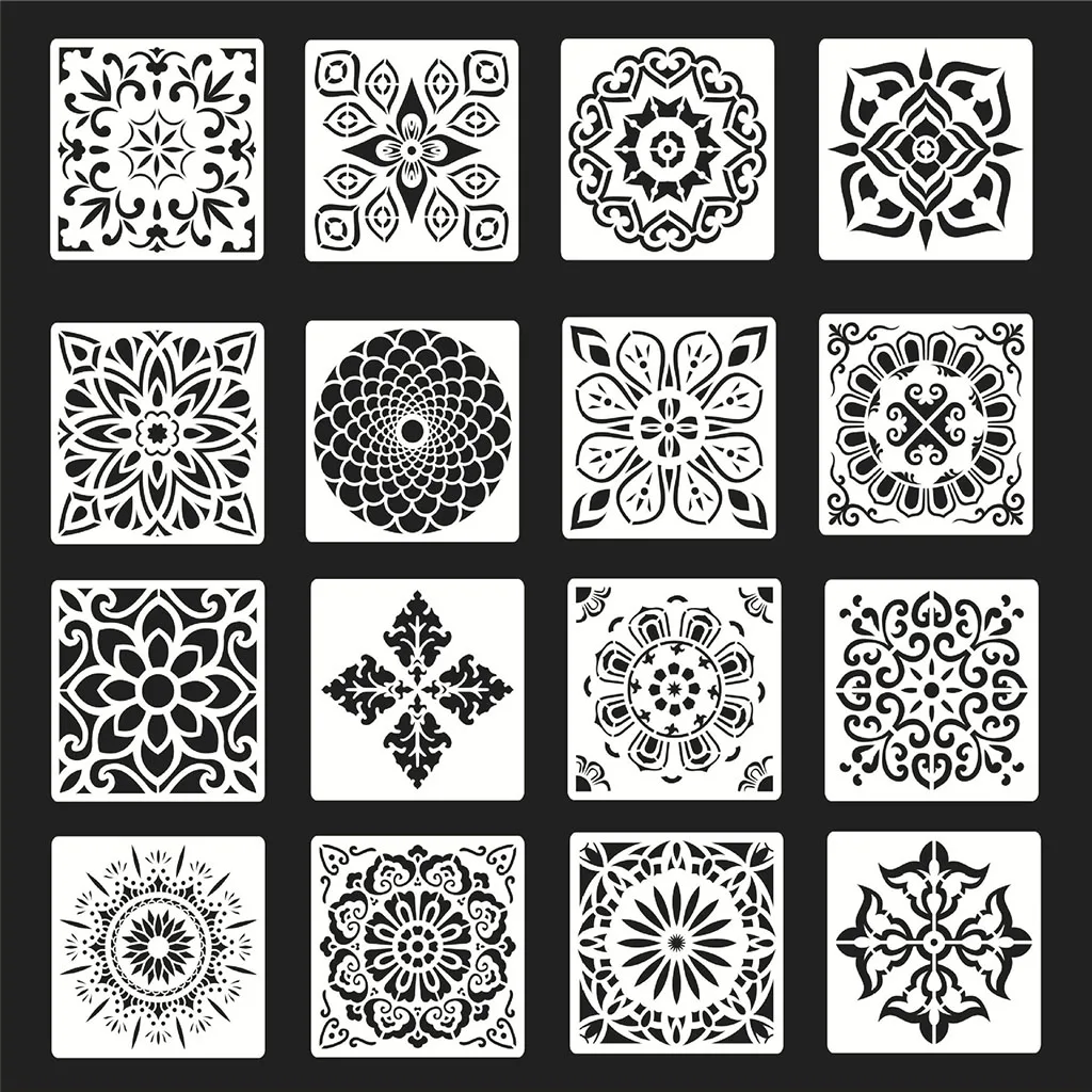 16-Pack (6x6 Inch) Painting Drawing Stencils Mandala Template Set for Stones Floor Wall Tile Fabric Wood Burning DIY