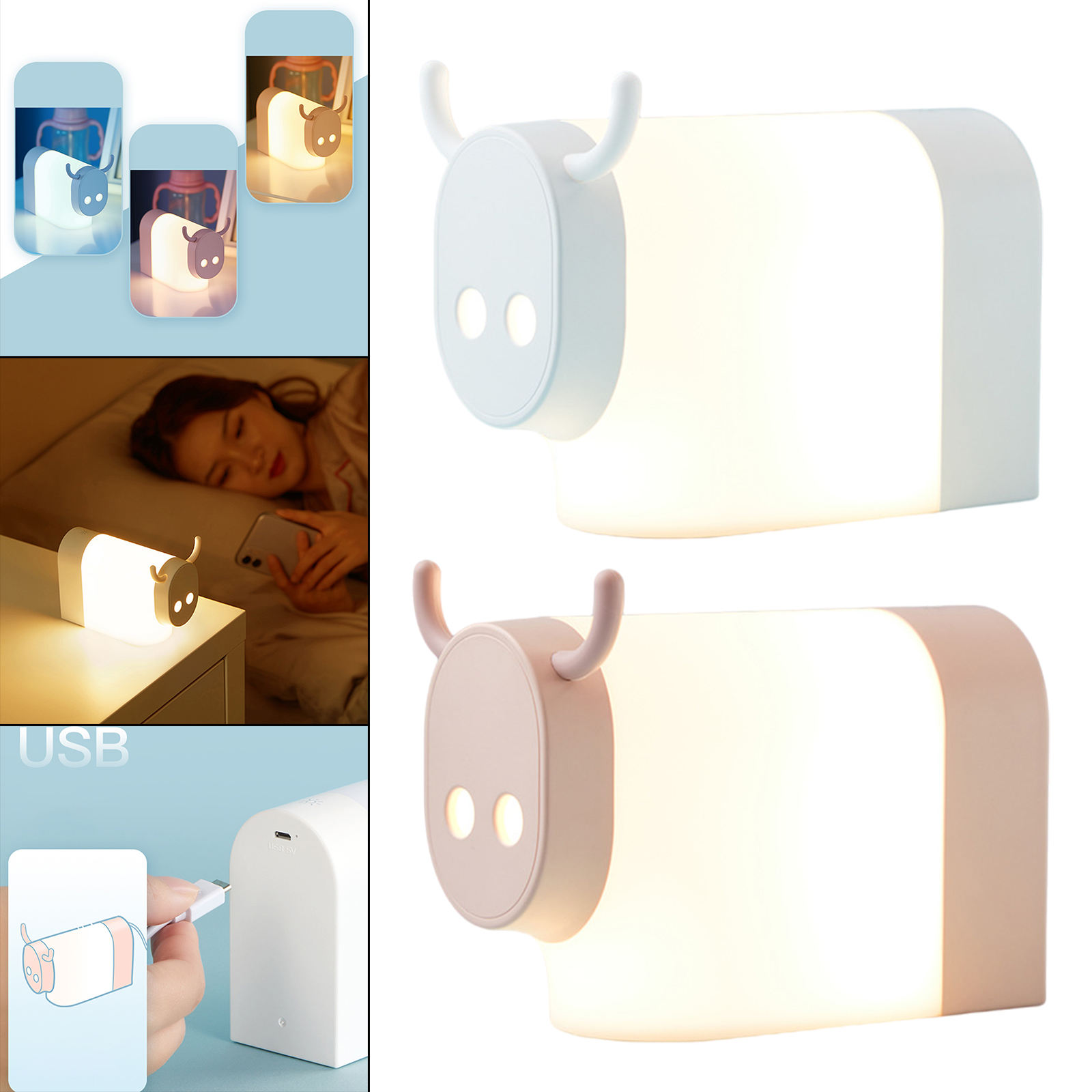 Bedside Lamp LED Animal USB Charging Dimmable Cow Night Light Lamp for Nursery Bed Kids Children Baby Table Desk Lamp Birthday