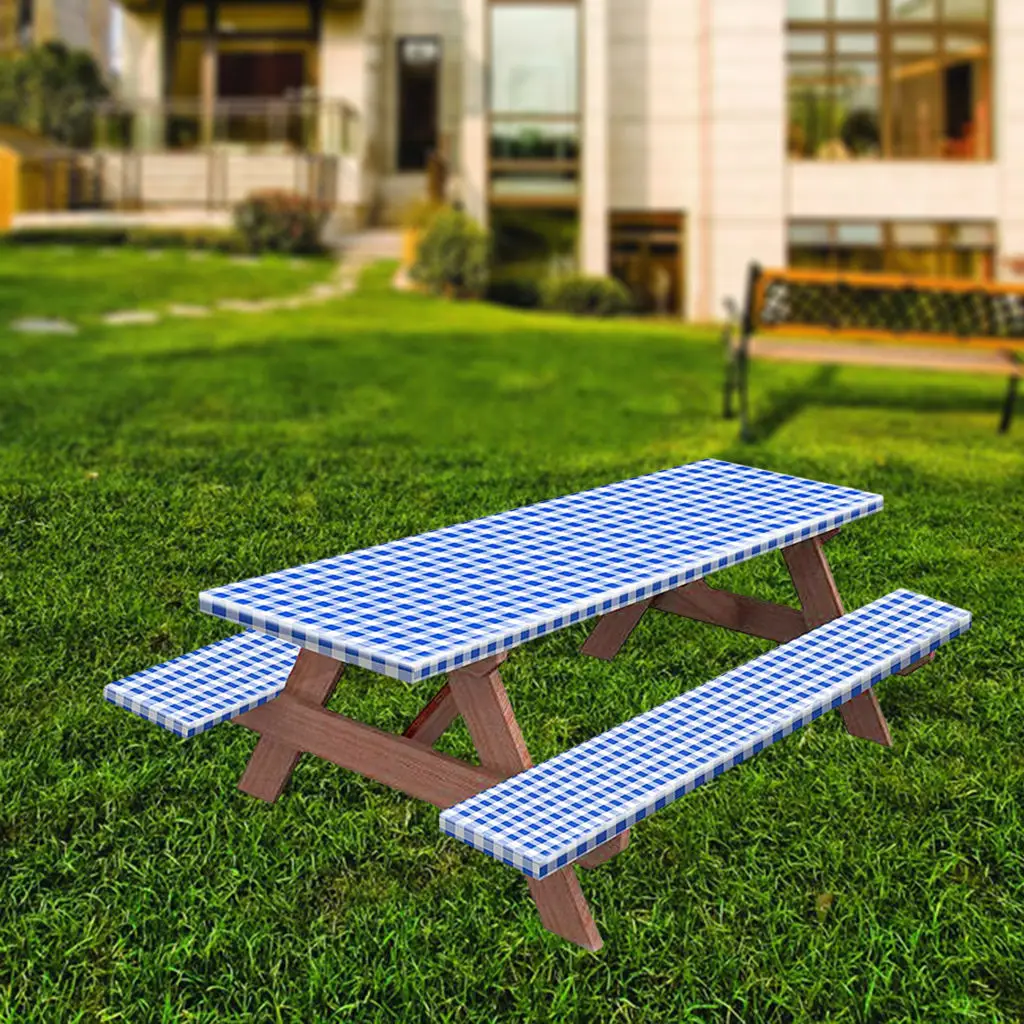 Picnic Table & Benches Cover Plaid Rectangular Fitted Tablecloth for Dining Patio Picnic