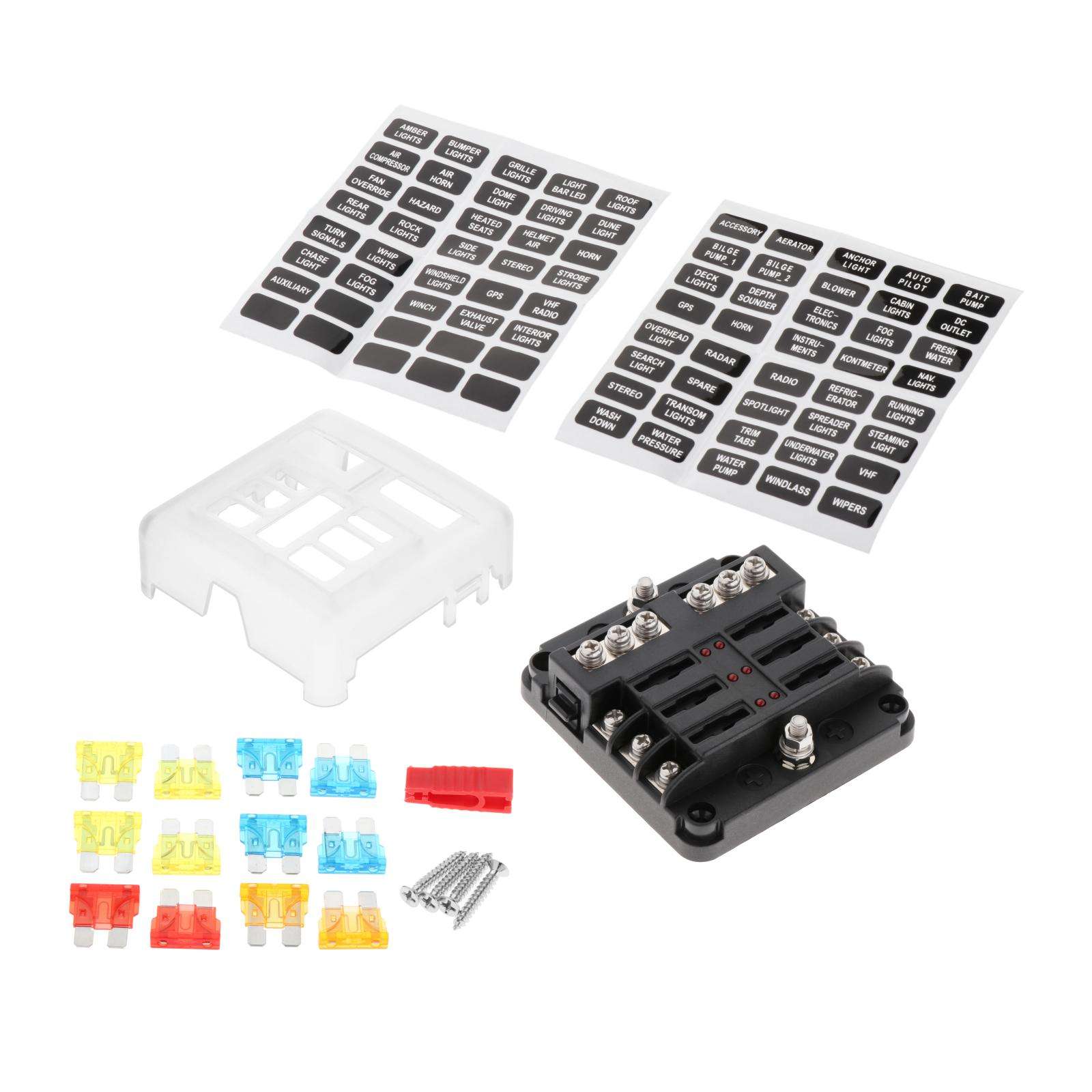 Cars LED Fuse Box PBT with Protection Cover 6 Way with LED Indicator Blade Fuse Block for RV Van Automotive Boats Marines