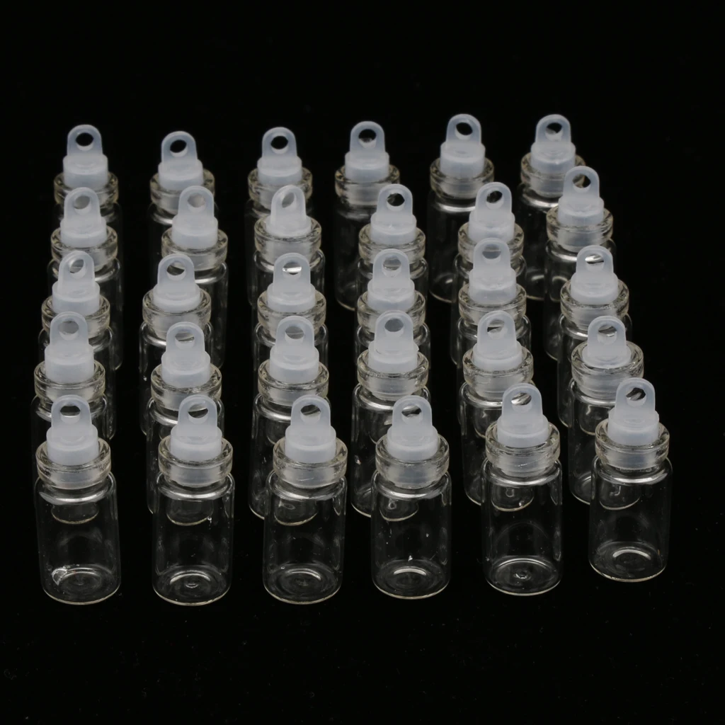 30Pcs Mini Empty Clear Glass Essential Oil Jars  Wishing Bottle Necklace Pendant DIY Vials with Plastic Stopper, 1ml / 2ml