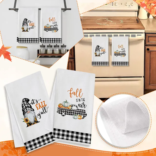 fillURbasket Fall Kitchen Towels Set of 6 Autumn Dish Towels Pumpkins Hello  Fall Theme Decorative Harvest Tan Flour Sack Towels 15”x 25” 100% Cotton